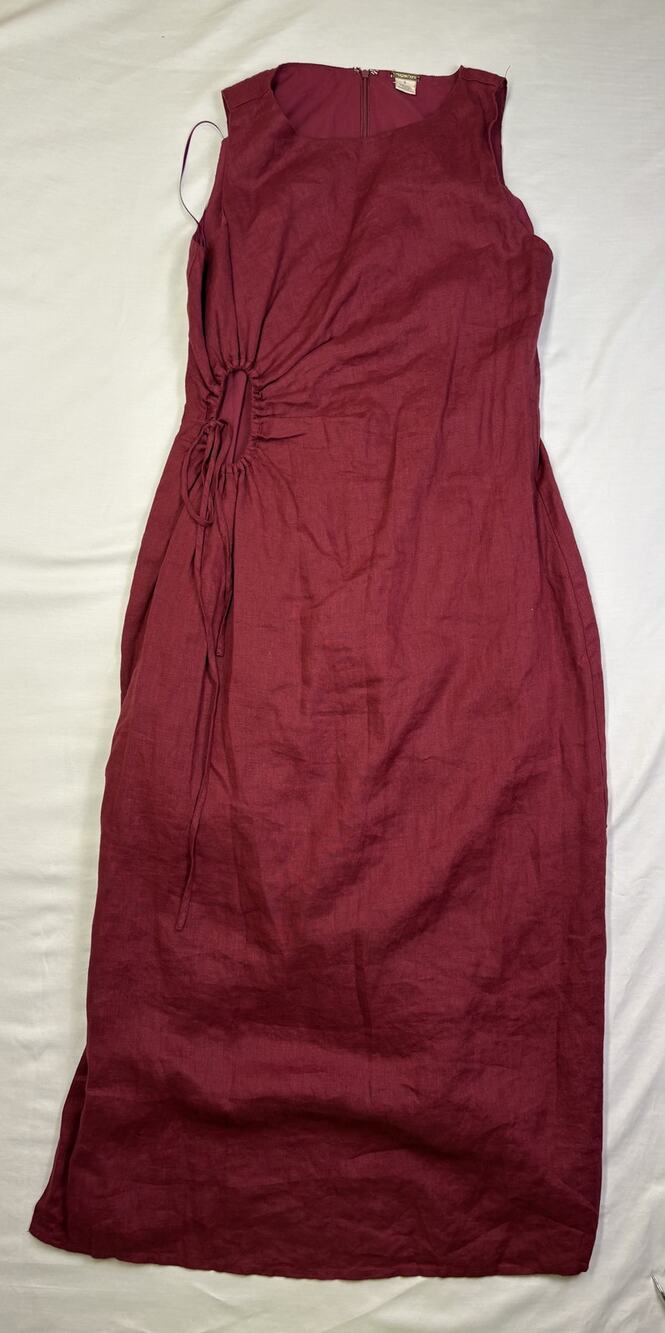 Magaschoni Women’s Linen Maxi Dress Size 6 Burgundy Side Cutout Ruched